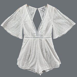 Shareen Collections Romper Womens White V Neck Bell Sleeve Tie Back Size 8